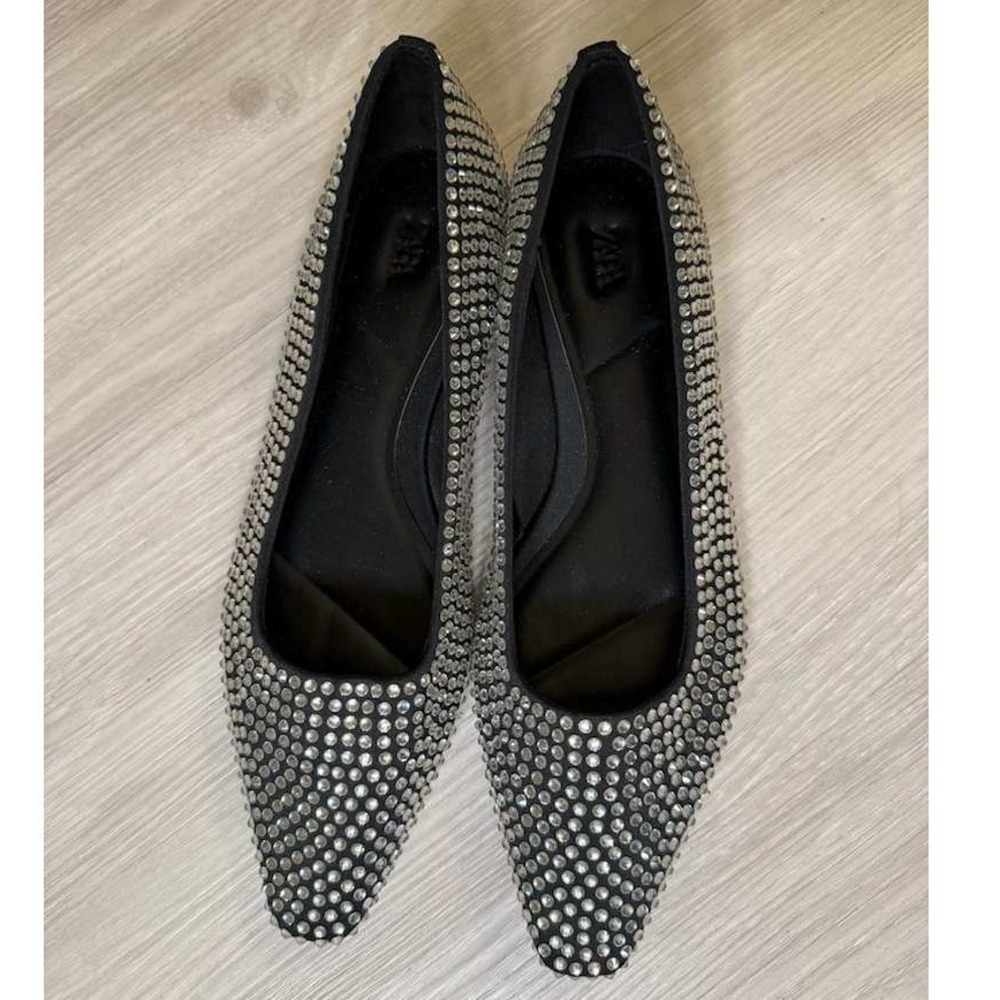 ZARA Studded Ballet Flats Womens US 7 Black Rhinestone Slip On Shoes - Picture 6 of 11